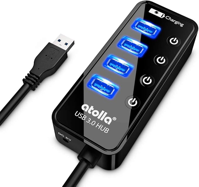 USB 3.0 Hub, atolla 4 Ports Super Speed USB 3 Hub Splitter with On Off Switch with 1 USB Charging Port (Cable Length 2 Feet, No AC Adapter) (4-Port hub)