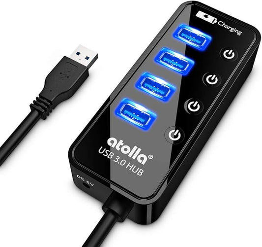 USB 3.0 Hub, atolla 4 Ports Super Speed USB 3 Hub Splitter with On Off Switch with 1 USB Charging Port (Cable Length 2 Feet, No AC Adapter) (4-Port hub)