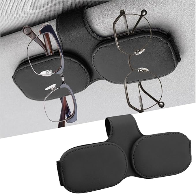 Sunglasses Holders for Car Visor, Magnetic Leather Vehicle Glasses Hanger with 2 Clips, Auto Interior Eyeglass Mount Organizer Accessories, Universal Fit (Black)