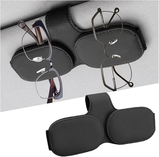 Sunglasses Holders for Car Visor, Magnetic Leather Vehicle Glasses Hanger with 2 Clips, Auto Interior Eyeglass Mount Organizer Accessories, Universal Fit (Black)