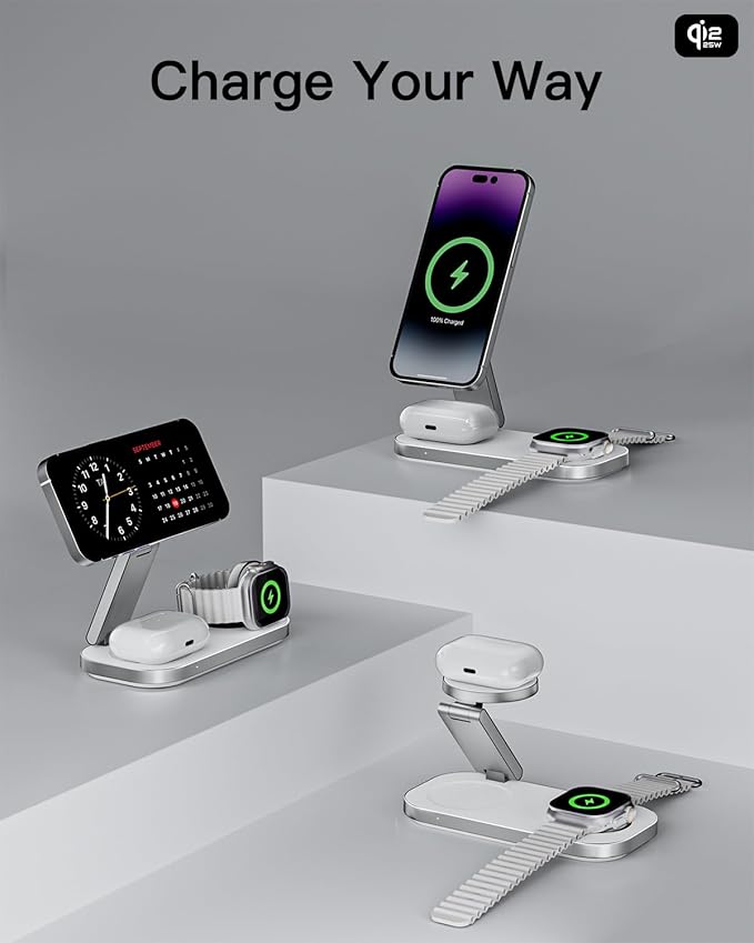 3-in-1 Charging Station for Apple Device, Qi2 25W Certified Magnetic Wireless Foldable Fast Charger Stand Compatible with MagSafe for iPhone 17e/17/16/15/14/13/12/Air Series, Apple Watch & AirPods