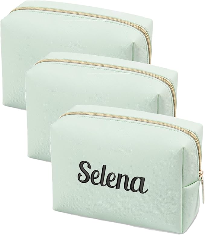 GOPHIE Personalized Embroidered Makeup Bag, Toiletry Bag for Women, Large Cosmetic Travel Bag, Gift For Bridesmaid,Set of 3,Green