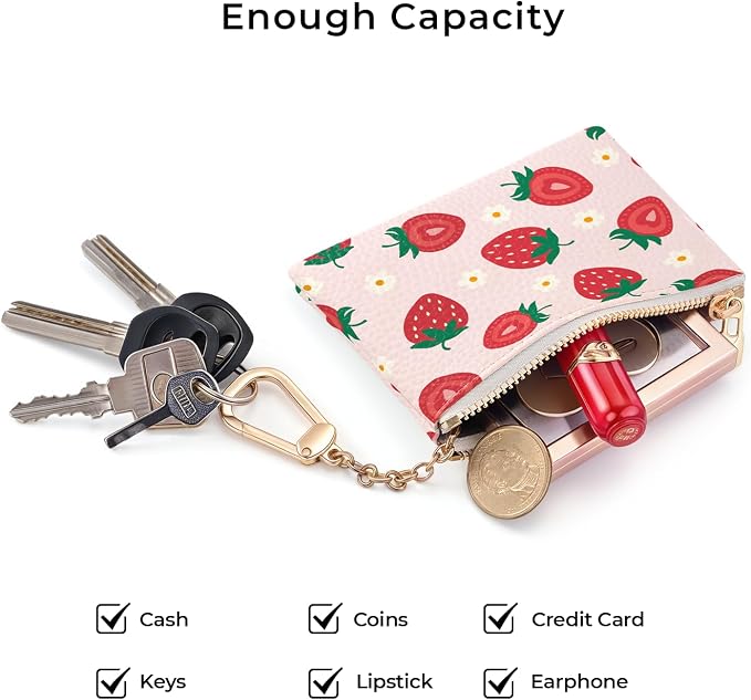 Strawberry Cute Keychain Coin Purse for Women, Small PU Leather Change Pouch, Zipper Little Tiny Travel Wallet for Girls, Cute Kawaii Zip Pocket Coin Holder with Key Ring