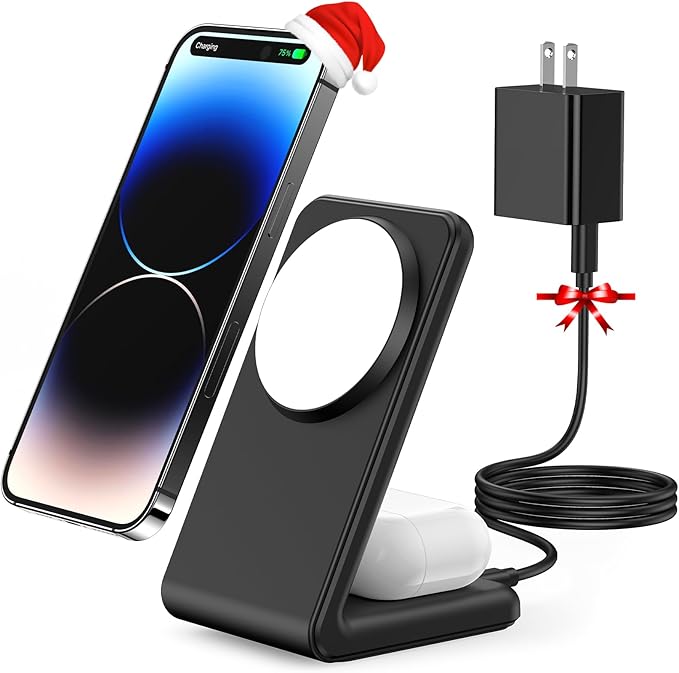 2-in-1 for Magsafe-Compatible Charger Stand with PD 20W USB-C Charger Block & Cable, Fast Charging Wireless Charger Designed for iPhone 17 Pro Max/16/15/14/13/12, AirPods 4/3/Pro 3/Pro 2/Pro, Black