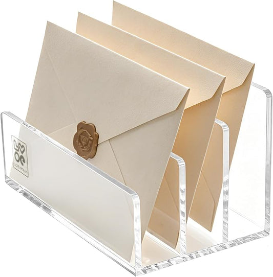 Lovemolly 3-Slot Clear Acrylic Mail Holder – Vertical Letter Sorter & Desk Organizer for Bills, Envelopes & Notebooks, Compact 6.88 x 4.05 x 4.05 in