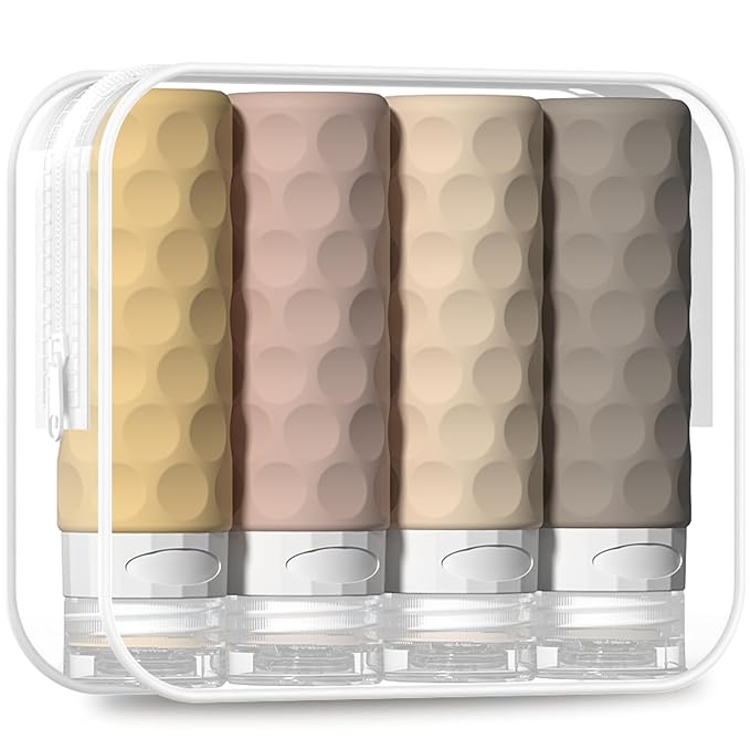 Silevoler Travel Bottles for Toiletries, 4pcs Tsa Approved 3oz Travel Size Containers, BPA Free Leak Proof Premium Silicone Bottles, Refillable Liquid Squeezable Accessories W/Toiletry Bag（Apricot）