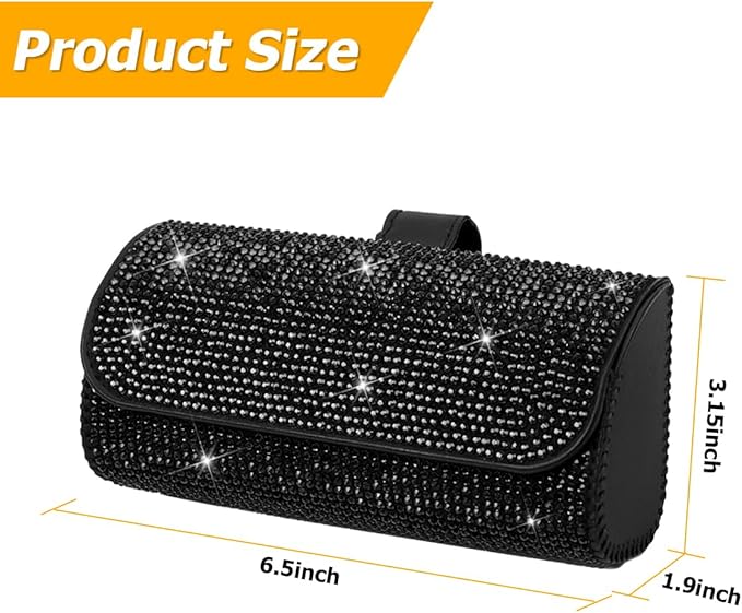 Osilly Bling Car Sunglass Holder for Sun Visor, Sparkling Crystal Leather Automotive Eyeglasses Mount Clip Organizer with Hidden Magnetic Closure for Men Women, Universal for SUV Truck Van（Black）