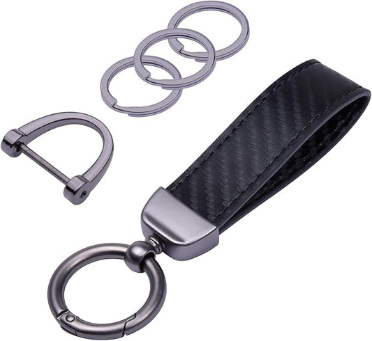Wisdompro Carbon Fiber Style Car Keychain, Microfiber Leather Key Chain, Universal Key FOB Keychain Holder for Men and Women, with Anti-lost D-ring, 3 Keyrings - Black (with flat connector)
