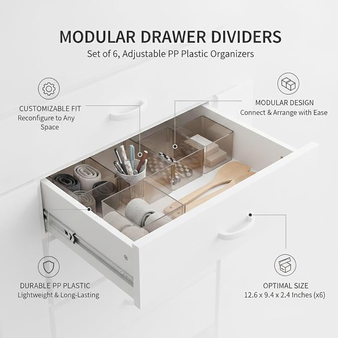 Modular Drawer Dividers Set of 6, Adjustable PP Plastic Organizers for Desk, Kitchen, and Dresser Drawers, 12.6 x 9.4 x 2.4 Inches (Set of 6)