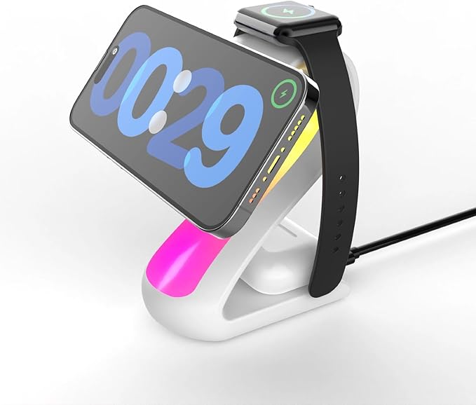 4-in-1 Magnetic Wireless Charging Station for Apple iPhone 17 16 15 14 13 12 Pro Max & Watch | 15W Fast MagSafe Charger Stand with Night Light | Aesthetic Swan Desk Organizer for AirPods (White)