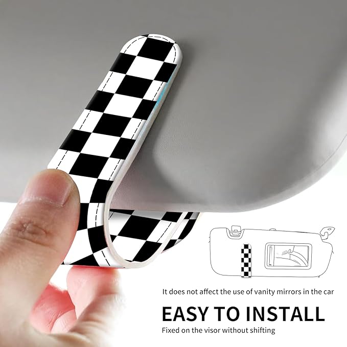 Leather Magnetic Sunglass Holder for Car Sun Visor, Cute Eyeglass Ticket Card Hanger Clip, Universal Auto Interior Accessories for SUV Pickup Truck Black White Checker