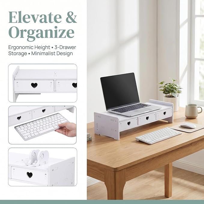 Computer Monitor Stand Riser with 3 Drawers - No Assembly White Desk Organizer & Laptop Shelf - Waterproof Desktop Storage for Home Office, School Dorm & Vanity - 3-Tier Space-Saving Design