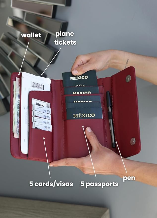 Family Passport Holder – Wallet for 5 Passports, Visas, Tickets, and Money – Passport Holder for Families – Travel Wallet to Store Passports – Travel Document Organizer (Merlot)