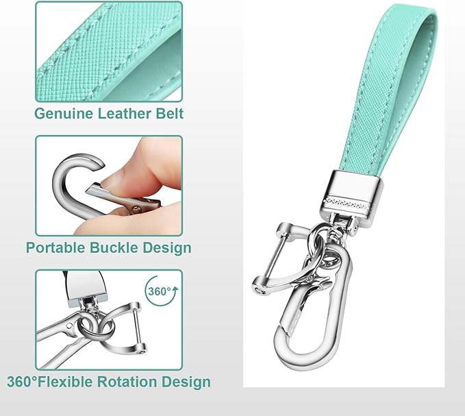 QBUC Genuine Leather Car Keychain,Universal Heavy Duty Metal Key Chain Accessories,Car Fob Key Keychain Holder with 360 Degree Rotatable Snap Swivel and Anti-Lost D-Ring for Men Women(Mint Green)