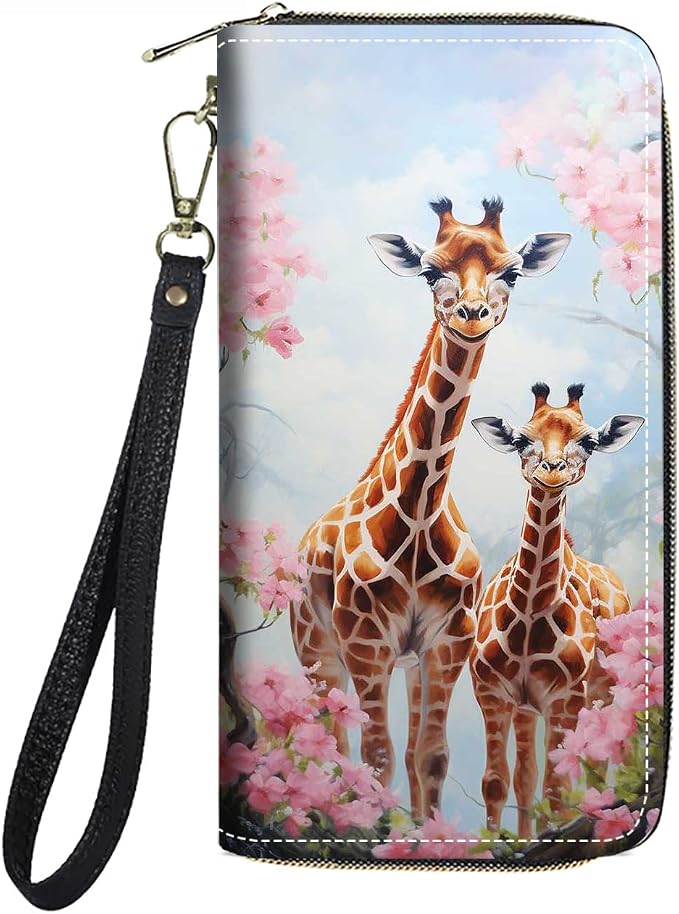 Women's Large Capacity Wallet PU Leather Zip Around Clutch Purse Multifunctional Wallet with Removable Wristlet Strap for Smart Phone/Coin/Card/Cash, Giraffe