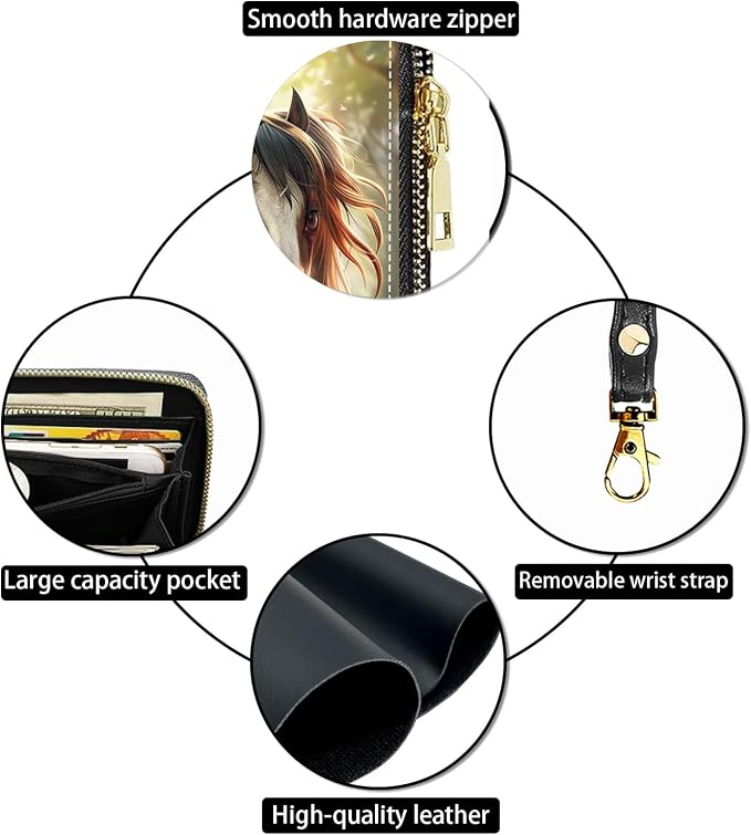 Women's Large Capacity Wallet PU Leather Zip Around Clutch Purse Multifunctional Wallet with Removable Wristlet Strap for Smart Phone/Coin/Card/Cash, Horse