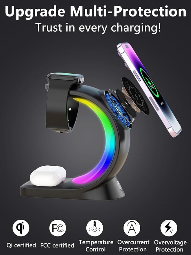 3 in 1 Wireless Charging Station, [6-Color RGB Light] 15W Fast Magnetic Wireless Charger Stand for Multiple Devices Apple, for iPhone 17/Air/16/15 Pro Max, for iWatch 2 to 9