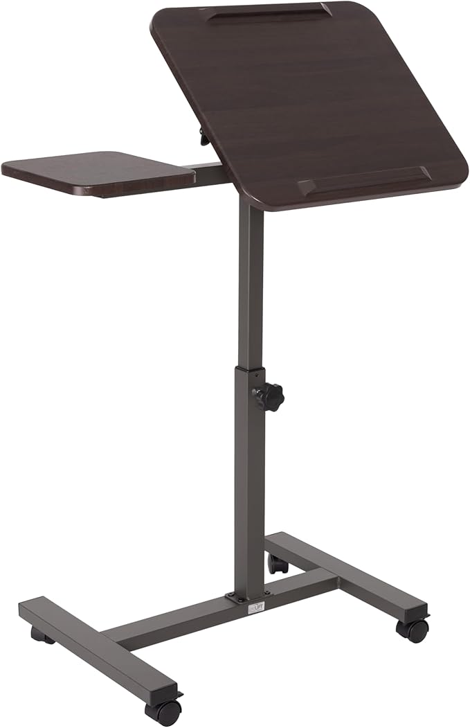 Seville Classics Airlift Height Adjustable Mobile Rolling Laptop Cart Computer Workstation Desk, Table for Home, Office, Classroom, Hospital, w/Wheels, Walnut, Tilt w/Side Table (28") (New Model)