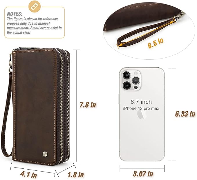 Top Grain Genuine Leather Clutch Bag Wallet with Wristlet for Man & Woman, Handmade Retro Design, 2 Zipper Pockets & Multiple Slots, RFID Large Capacity for Cards/Phone/Check/Money/Coin, Coffee