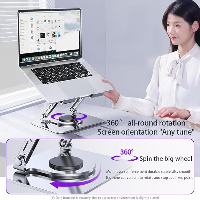 Adjustable Laptop Stand, 360 Degree Rotation, Lift, Folding Heat Dissipation Full Body Carbon Drill Material Metal Tablet Portable Stand Compatible with 21-inch Laptop, ipad Tablet - Silver