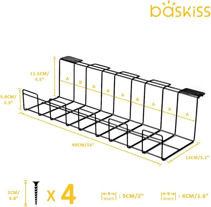 2 Packs Cable Management Tray, 16" Under Desk Organizer for Wire Organization, Metal Holder for Desktop Computer Home Office Kitchen Workstation to Cover and Hide Power Strips (Black)