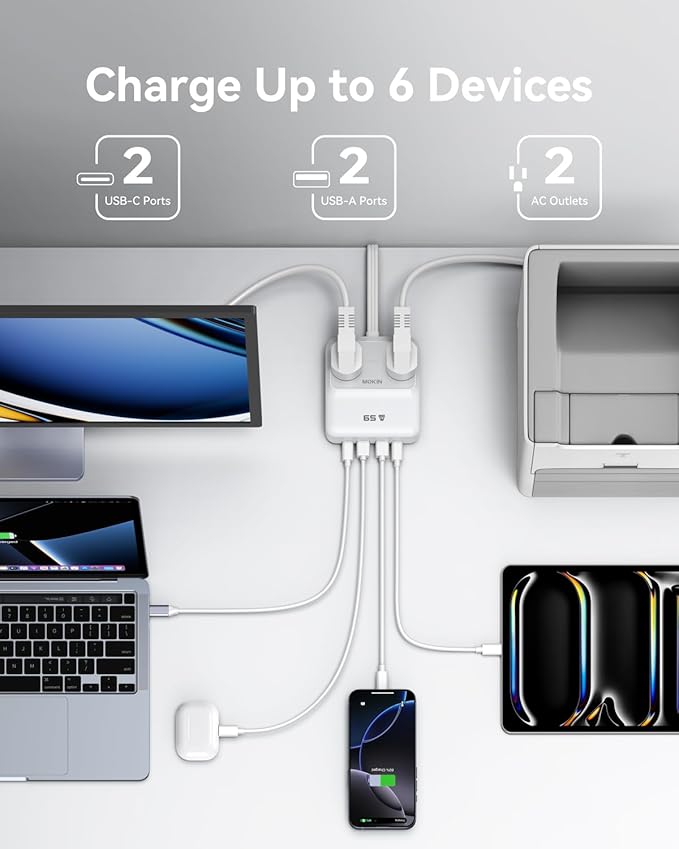 Charging Station 65W Max, 6-in-1 USBC Power Strip with Flat Plug and 5ft Thin Undetachable Extension Cord,2 AC,2 USB-A,2 USB-C,Fast Charging Desktop Charger for iPhone 17/16, MacBook, Home and Office