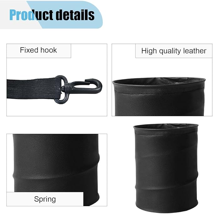 Collapsible Trash Can Car Garbage Bag - Leather Pop-up Car Trash Bin with Elastic Band - Hanging Foldable Garbage Can Vehicle Waste Basket Bin - Double-Layer Washable Bag for Cars Camping (Black)