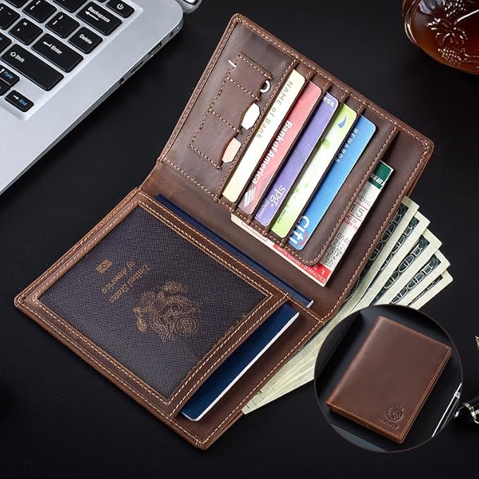 Leather Passport Holder for Travel Men Bifold Slim RFID Blocking with 2 Passport Slots, 1 Cash Pocket, 5 Card Slots