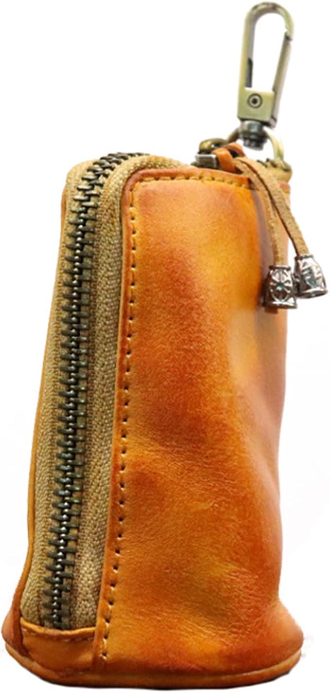 Medieval Leather Zipper Coin Pouch, Genuine Cowhide Handcrafted Coin Organizer Change Holder Keychain Coin Purse for Men & Women (Yellowish brown)