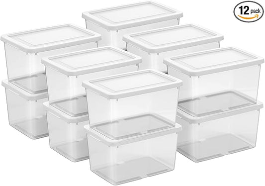 Sterilite 12 Pack Storage Boxes, Clear Plastic Stackable Containers, Lightweight Home Organizers with Snap Lids, 20 Quart, White