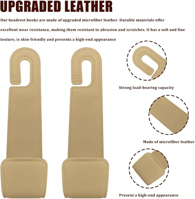 Car Seat Headrest Hooks, Purse Hook for Car, Automotive Headrest Handbags Holder, Auto Accessories Leather Seatback Organizer Hanger for Hanging Purses Bags Coats (Beige, 1PCS)