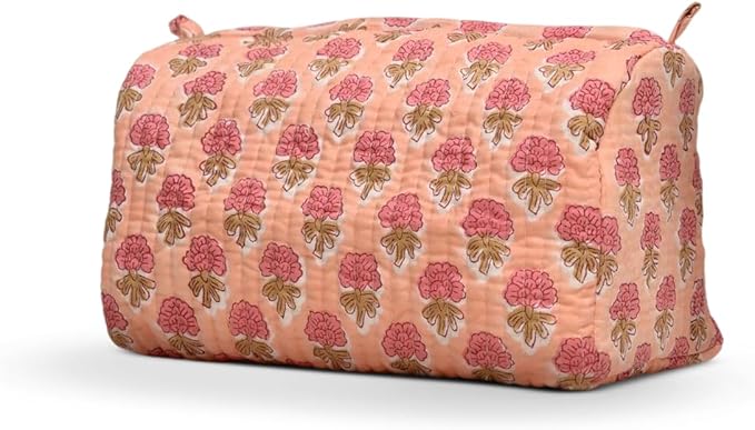 Cotton Hand Block Floral Print Toiletry Bag For Women Make Up Cosmetic Bag Jewelry Organizer Kit Storage Bag Case Travel Accessories Essentials Toiletries Purse Open Pouch, Orange (9.25"x 6.88"x 4.5")