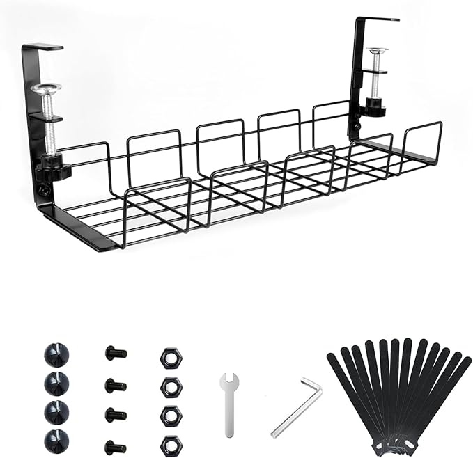 Under Desk Cable Management Tray No Drill - 15.7'' Long 5.1'' Wide Workspace Organizers, Pc Accessories, Steel Cord Organizers, 4 Cable Holder, 12 Roll Cable Organizer Straps(Black)