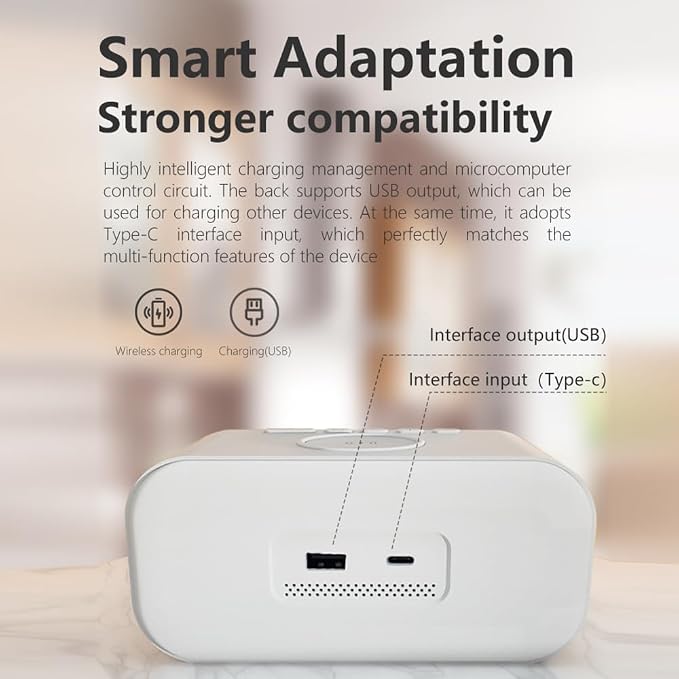 AYI 4in1 Smart Wireless Charging Alarm Clock with Mirror Display | 15W Fast Charger for Phone & Earbuds, 3 Group Alarms, Warm White/Yellow Night Light, Temperature Display Extra USB Port-White