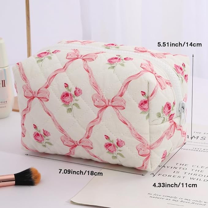 FITINI Makeup Bag Travel Large Portable Quilted Floral Print Cosmetic Organizer Cute Pouch for Women Soft Cotton Zipper Waterproof Toiletry Storage Bags