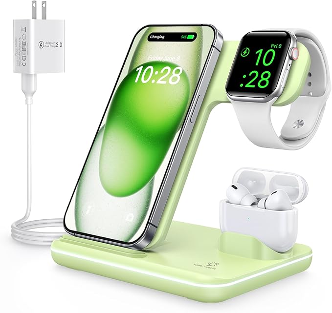 WAITIEE Wireless Charger 3 in 1, 15W Fast Charging Station for Apple Watch 9/8/Ultra 2/Ultra/SE/7/6/5/4/3/2, for AirPods 3/2/1/Pro/Pro 2, for iPhone 15/14/13 /Plus/Pro/Pro Max/12/11/X/Xr/XS/8 (Green)