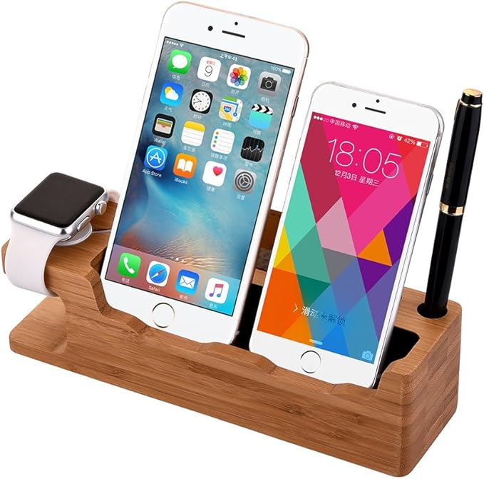 MOOZO Bamboo Wood Desktop Charging Dock Station Charger Holder Cradle Stand Compatible iPhone 16 15 14 13 12 11 Pro Max Apple Watch 2 3 4 / iWatch Samsung Galaxy S8 S7 S6 Edge Plus LG HTC Smartphones