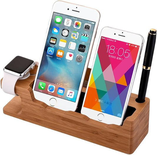 MOOZO Bamboo Wood Desktop Charging Dock Station Charger Holder Cradle Stand Compatible iPhone 16 15 14 13 12 11 Pro Max Apple Watch 2 3 4 / iWatch Samsung Galaxy S8 S7 S6 Edge Plus LG HTC Smartphones