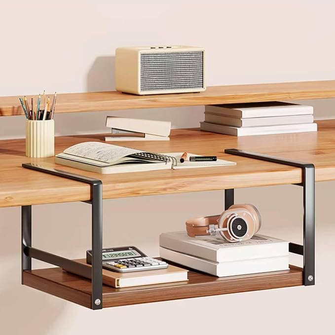 Under Desk Organizer Easy-Mount Hanging Bookshelf Space-Saving No Drill Under Desk Shelf Anti-Scratch Protection for Students, Dorm Room, Study, Black, Teak Board
