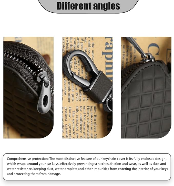 Key Fob Cover with Keychain, Key Fob Holder, Anti-Scratch Bag with Zipper, Leather Keychain Case Holder Fit Remote Key (Black)