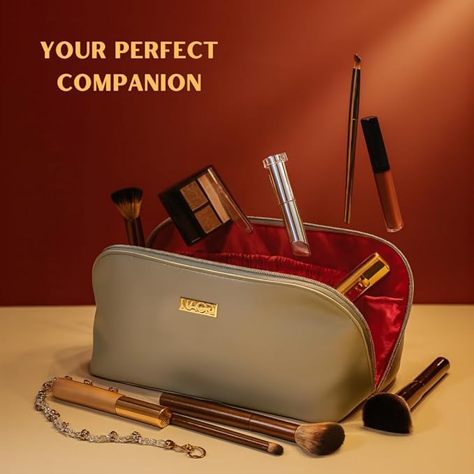 NAORI Travel Makeup Bag for Women | Large Luxury Cosmetic Organizer with Handle & Inner Pockets | Waterproof Faux Leather Toiletry Bag | Makeup Case for Home, Travel & Gifting (Soft Grey)