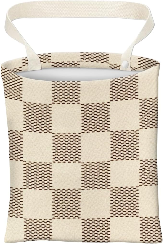 Car Trash Can, Cute Car Trash Bag, Hanging Car Organizer and Storage Bag, Trash Bin for Car Accessories, Vehicle, Travelling, Camping Luxury Beige Checkered