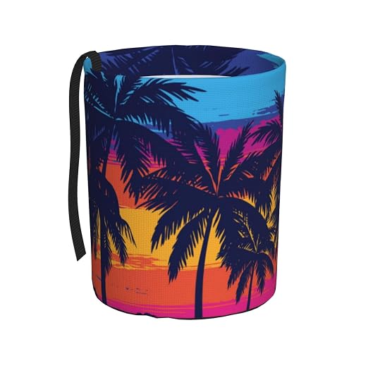 Car Garbage Bag Blue Palm Trees at Sunset Mini Car Trash Bin Portable Collapsible Waterproof Rubbish Bag for Car Accessories Back Front Seat Cup Holder