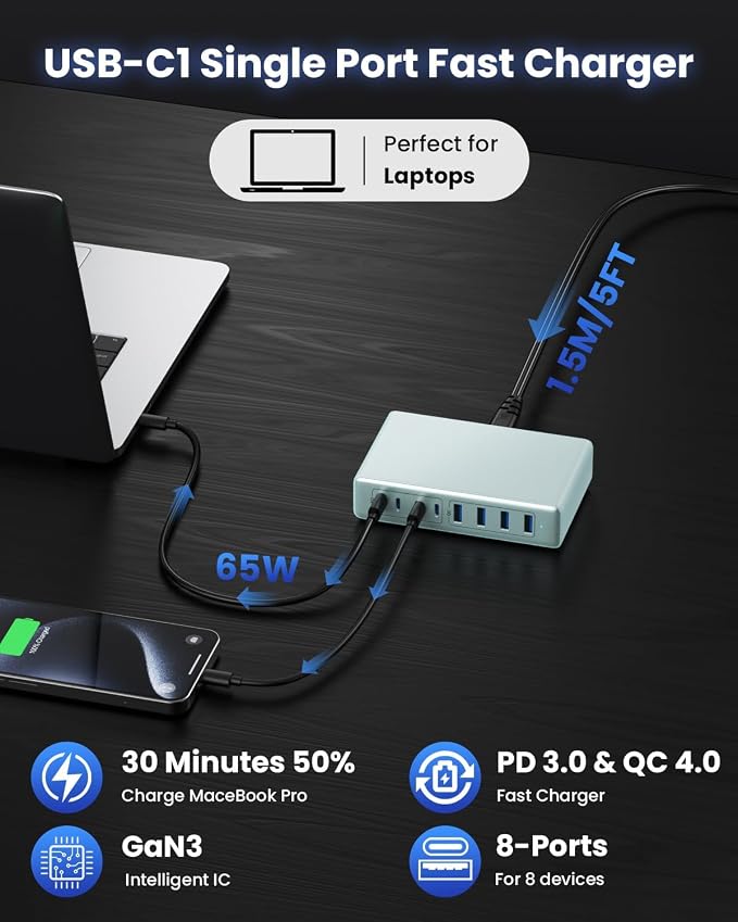 USB C Charger 200W USB C Charger Block,Upgraded GaN III 8-Port Fast Charging Station Hub,PD 65W Laptop Charging Adapter Compatible with MacBook Pro/Air,DELL,Steam Deck,iPhone 16/15/14,Galaxy S23/22