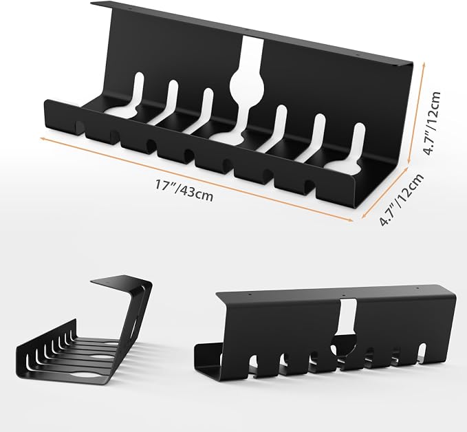 Syeeiex Under Desk Cable Management Tray, 34" Total Length (17"×2 Set), No-Drill C-Clamp & Screw Mount, Heavy Duty Metal Cord Organizer with 10 PCS Cable Ties, for Office Home Workspace, Black, 2-Pack