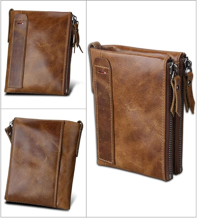 Men's Folding Double Zip Wallet RFID Blocks Retro Short Coin Purse