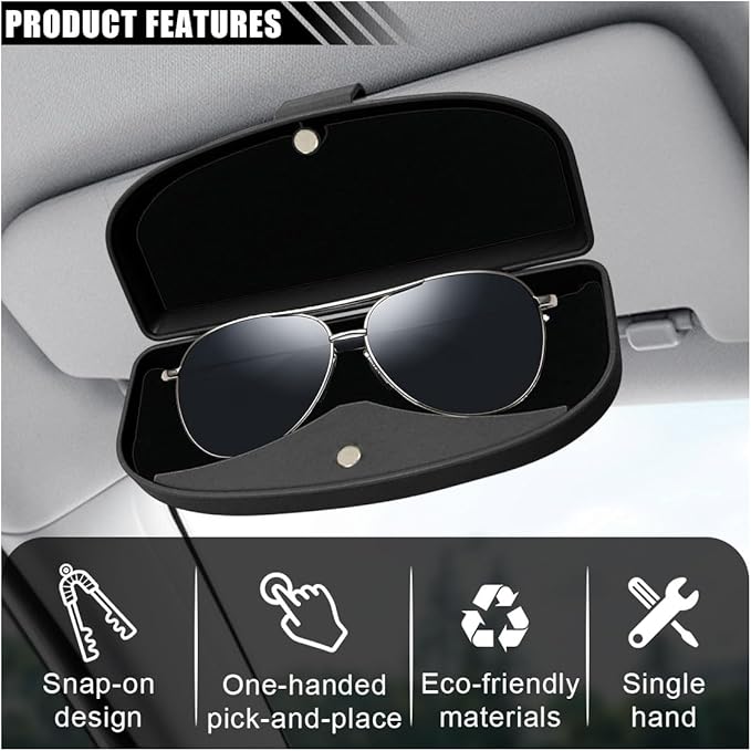 KITUREK Car Sun Visor Sunglasses Case, Glasses Storage Protective Box, Eyewear Hard Shell Eyeglasses Organizer, Magnetic Closure&Double Card Clamp (Black)