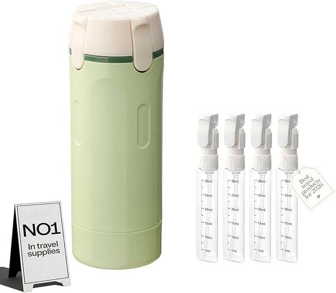 4 in 1 Travel Dispenser Bottle for Flying Essentials Camping Toiletries Pump Leak Proof Size Portable Containers for Shampoo Lotion Creams Body Wash Conditioner Refillable Attached Label (Green)