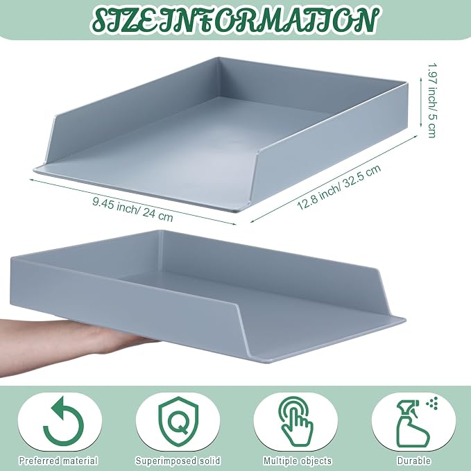 Wenqik 8 Pcs Stackable Paper Trays Rectangular Plastic Desk Holder Desktop Document File Organizer Storage Letter for Office Classroom (Gray)