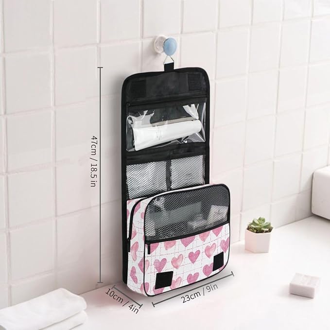 senya Hanging Travel Toiletry Bag Cute Kit Makeup Case Cosmetics Organizer for Men Women (Pink Hearts White Base)